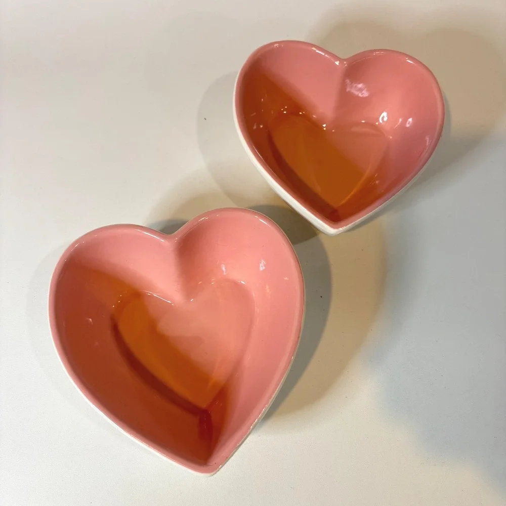 Set of 2 Pink and White Ceramic Heart Shaped Bowls Valentine's Day Decor